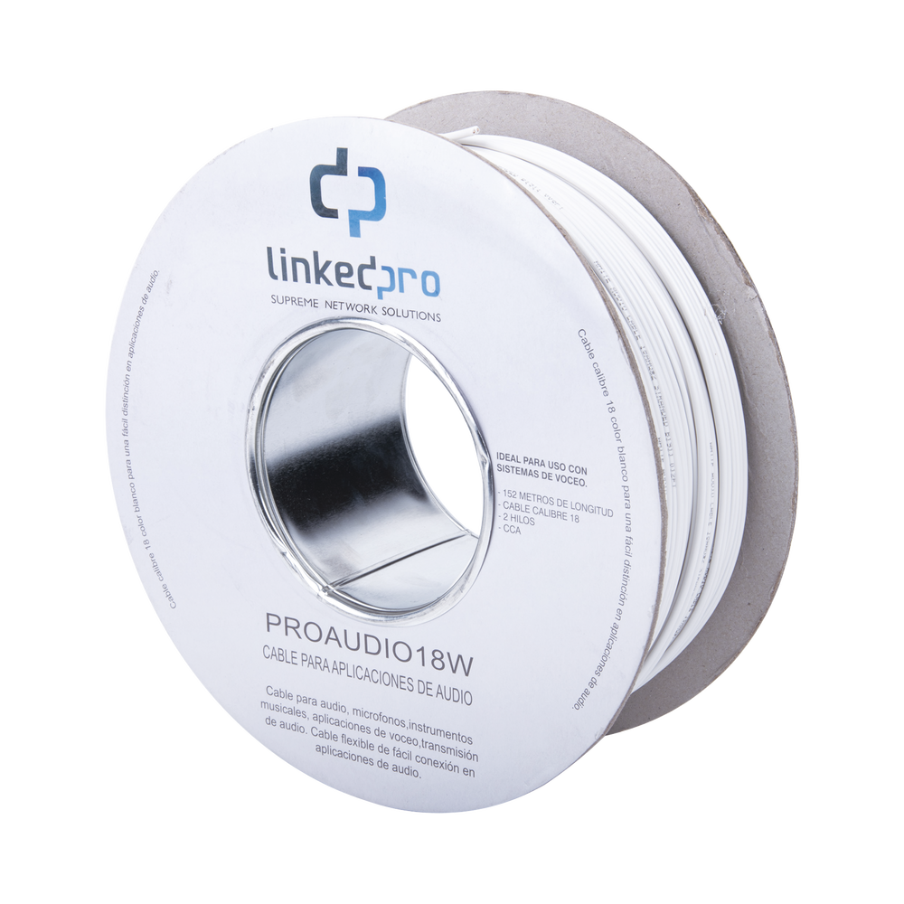Cable de Audio Profesional 16 AWG, 2 Conductores, CCA, Blanco – Rollo 152 m
