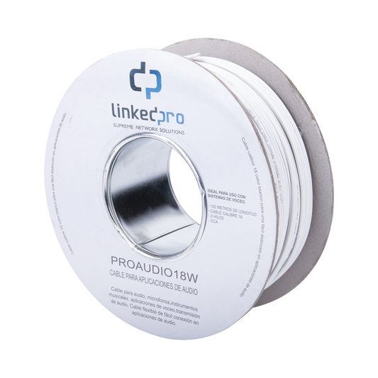 Cable de Audio Profesional 16 AWG, 2 Conductores, CCA, Blanco – Rollo 152 m