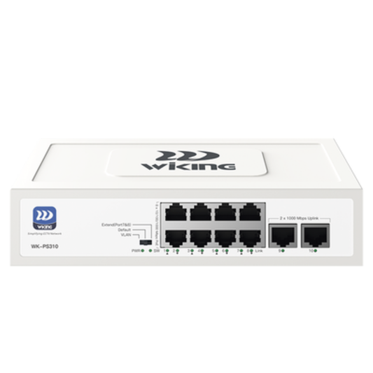 WKPS310 - Smart Switch: 8 PoE Gigabit Ports + 2 Uplink, Extended Reach Up to 250m, Auto-Reboot Port Watchdog, and Fanless Design