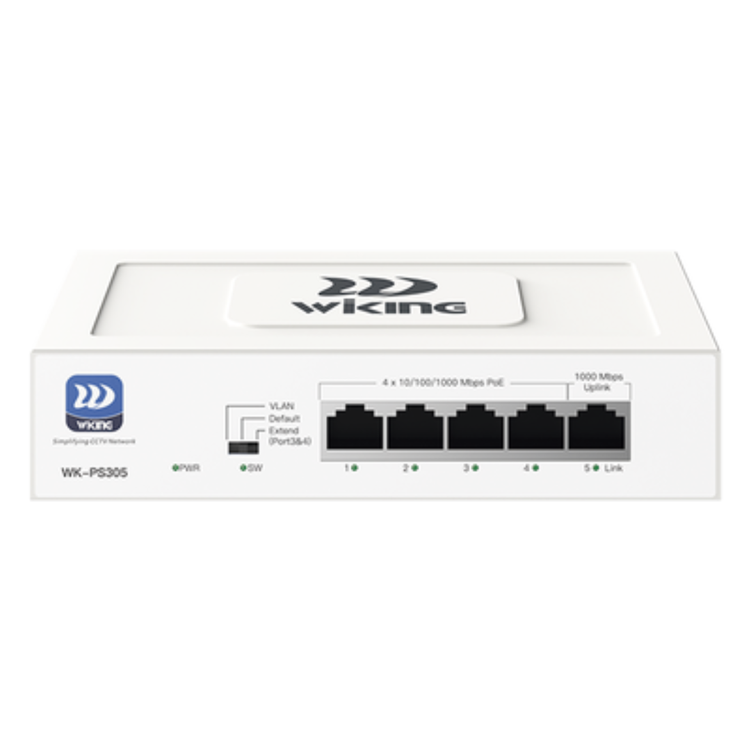 WKPS305 Smart Switch: 4 PoE Gigabit Ports + 1 Uplink, Extended Reach Up to 250m, Auto-Reboot Port Watchdog, and Fanless Design