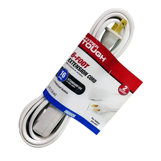 Hyper Tough 6FT 16AWG 2 Prong White Indoor Household Extension Cord, 13 amps