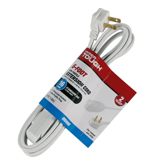 Hyper Tough 6FT 16AWG 2 Prong White Indoor Household Extension Cord, 13 amps